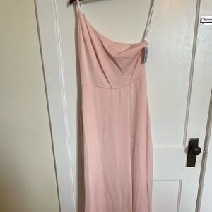 Light pink David’s bridal floor length bridesmaid/wedding guest dress